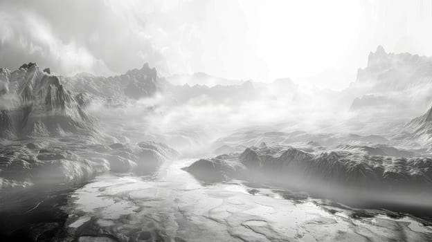 Surreal monochrome fantasy landscape panorama with misty atmosphere and otherworldly environment in grayscale tones. Featuring mountains. Digital art