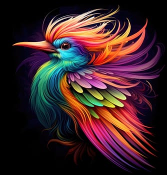 Bird of paradise. Romantic illustration of colorful tropical bird of paradise painting on a black background. 