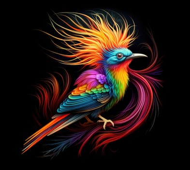 Bird of paradise. Romantic illustration of colorful tropical bird of paradise painting on a black background. 