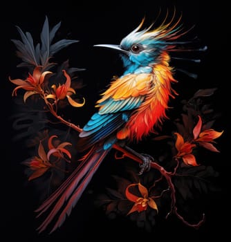 Bird of paradise. Romantic illustration of colorful tropical bird of paradise painting on a black background. 