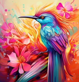 Bird of paradise. Romantic illustration of colorful tropical bird of paradise painting on a floral background. 