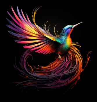 Bird of paradise. Romantic illustration of colorful tropical bird of paradise painting on a black background. 