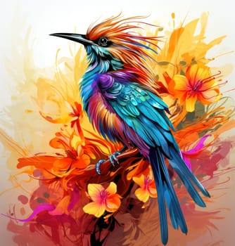 Bird of paradise. Romantic illustration of colorful tropical bird of paradise painting on a floral background. 