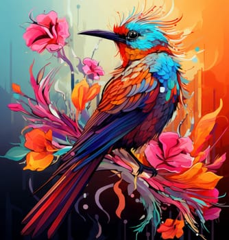 Bird of paradise. Romantic illustration of colorful tropical bird of paradise painting on a floral background. 