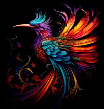 Bird of paradise. Romantic illustration of colorful tropical bird of paradise painting on a black background. 