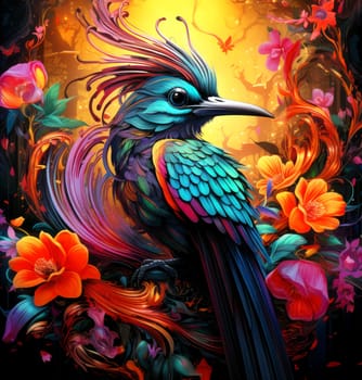 Bird of paradise. Romantic illustration of colorful tropical bird of paradise painting on a floral background. 