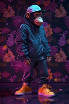 Stylish hipster monkey in sportswear on an abstract background. A fashionable monkey.