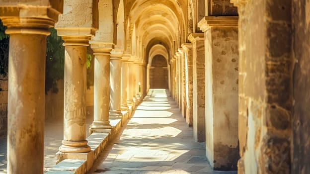 Warm sunlight filters through a serene arched corridor of an ancient building