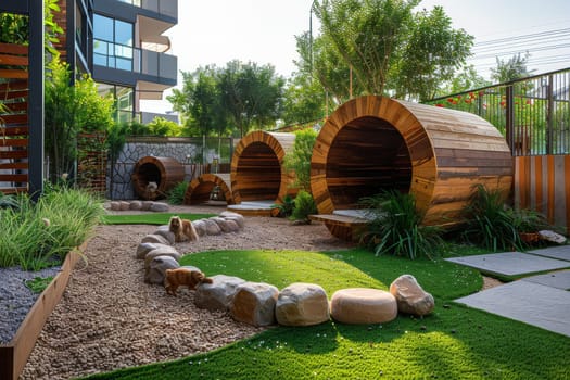 A dog park with a wooden gazebo and a tree with a large banana leaf. There are several dogs playing in the yard