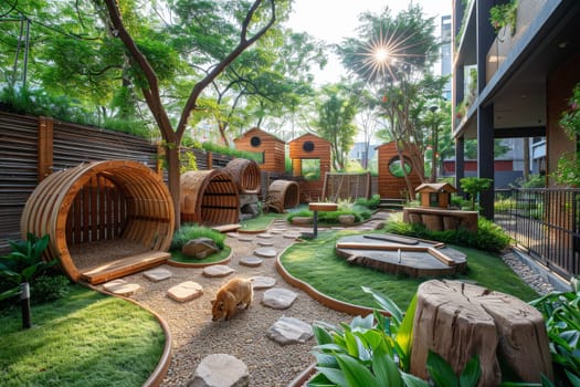 A dog park with a wooden gazebo and a tree with a large banana leaf. There are several dogs playing in the yard