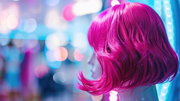 Bright pink wig on a mannequin, blurred background. AI