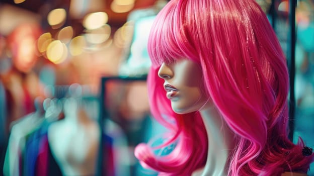 Bright pink wig on a mannequin, blurred background. AI