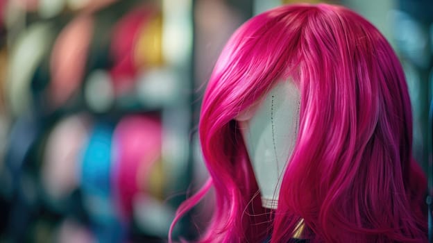 Bright pink wig on a mannequin, blurred background. AI