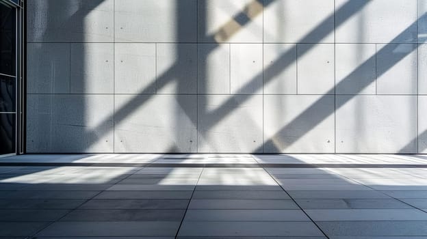 Sunlight casts geometric shadows on a clean, textured concrete wall and tiled floor