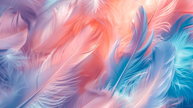 Delicate and serene pastel feather whispers with soft texture and airy background in pink and blue colors. Creating a dreamy and ethereal art design perfect for wallpaper and tranquil