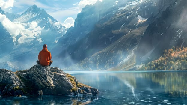 Tranquil meditation by a serene mountain lake in the majestic alpine mountains. Offering peace. Solitude. And calm for unrecognizable person seeking mindfulness. Reflection