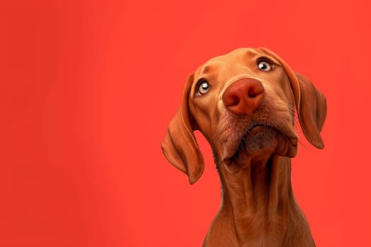 Close-up of a Hungarian fold-eared dog on a red background.