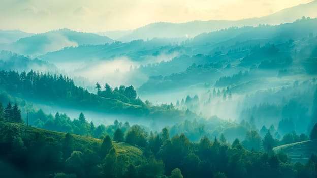 Tranquil misty mountain sunrise over rolling hills and serene woodland landscape with natural beauty and atmospheric light rays in a peaceful outdoor environment, perfect for eco tourism