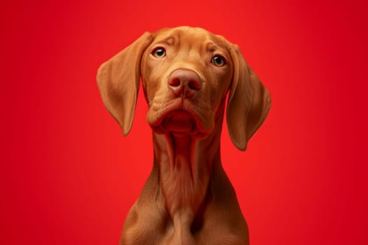 Close-up of a Hungarian fold-eared dog on a red background.