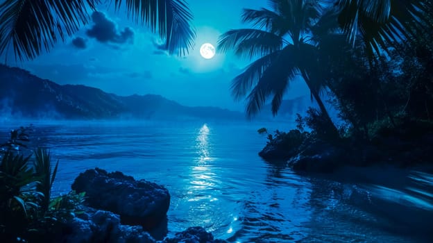 Scenic view of a river illuminated by a bright full moon in a tropical setting