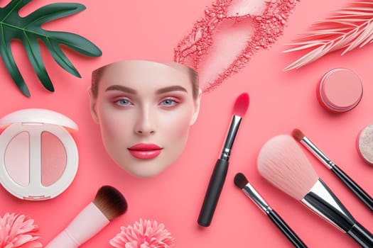 Decorative cosmetics and makeup brushes on the background.