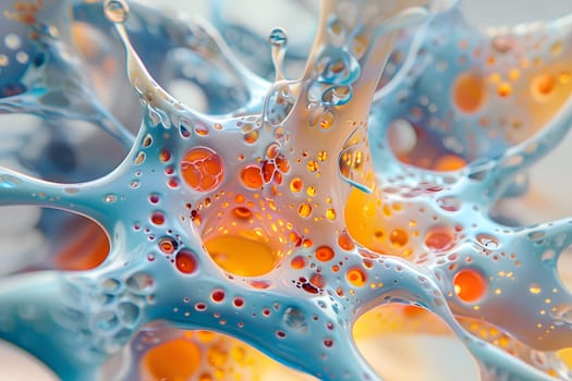 A detailed view of a liquid containing a vibrant blend of azure blue and electric orange, with bubbles floating within. Reminiscent of marine biology organisms in natural materials