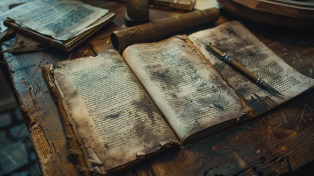 Old books and chronicles on a wooden table AI