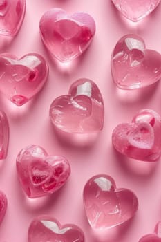 Lots of transparent glass hearts on a pink background. valentine's day.