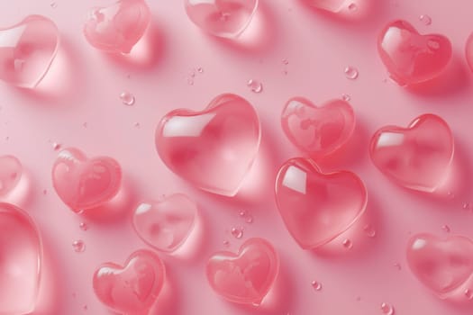 Lots of transparent glass hearts on a pink background. valentine's day.