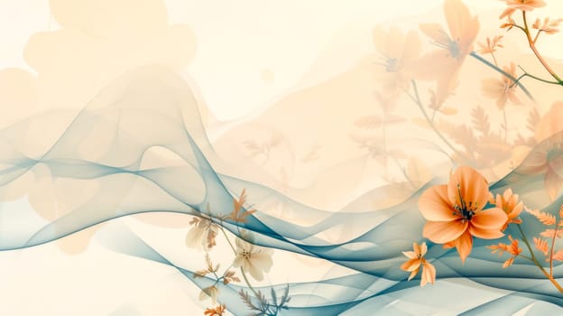 Elegant abstract background featuring delicate orange flowers with flowing wave patterns