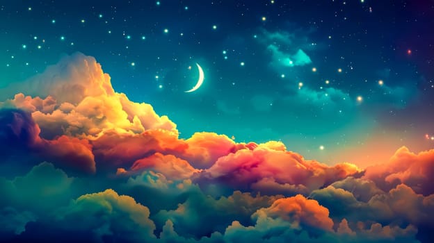 Fantasy sky scene with vivid clouds, shining stars, and a crescent moon evokes wonder