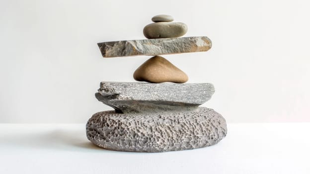 Stack of smooth and textured rocks balanced in harmony, illustrating stability and tranquility