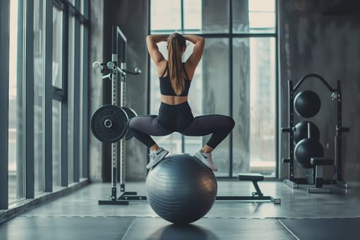 A woman is using a sports equipment ball for exercise, squatting to work on her thighs and knees while also engaging her chest and maintaining balance for symmetry