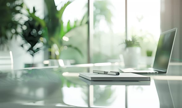 A laptop computer is placed on a wooden conference table inside a building, next to a houseplant and a window with a view of the grass outside