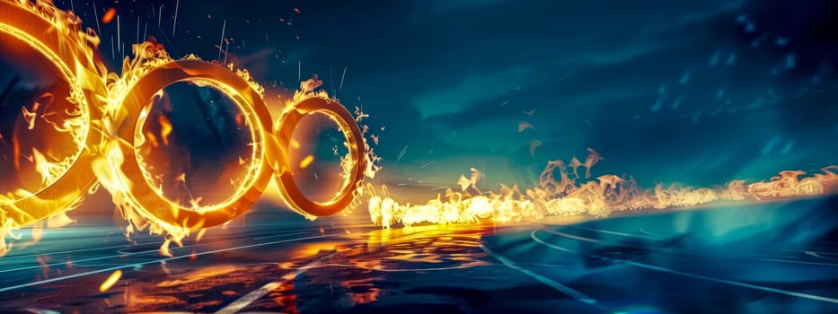 Digitally enhanced image of burning rings on a racetrack, giving a sense of high-speed action