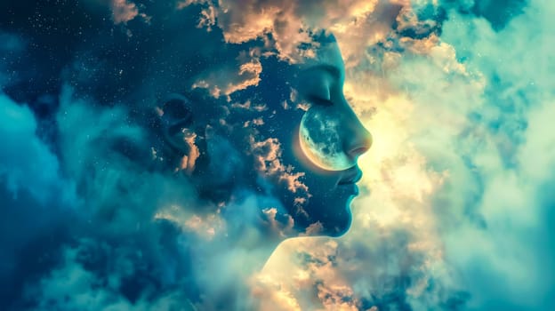 Surreal artwork combining a woman's profile with a cosmic cloudscape