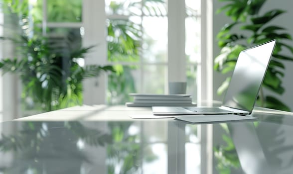 A laptop computer is placed on a wooden table in front of a window overlooking a tree. The interior design includes a flowerpot and houseplant in the room