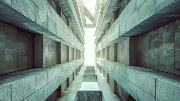 Abstract perspective of a symmetrical concrete building with a striking corridor and daylight