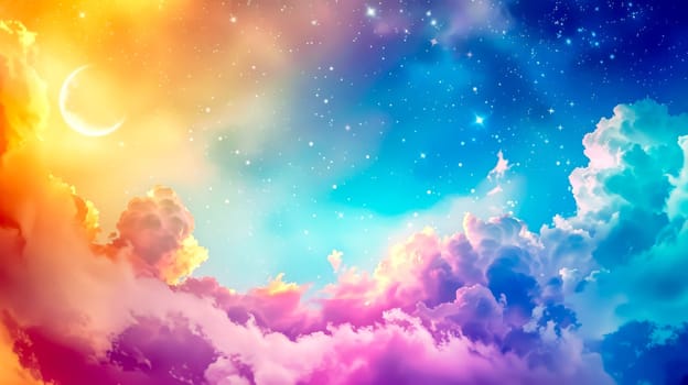 Colorful fantasy sky with clouds, stars, and a crescent moon, invoking a sense of wonder