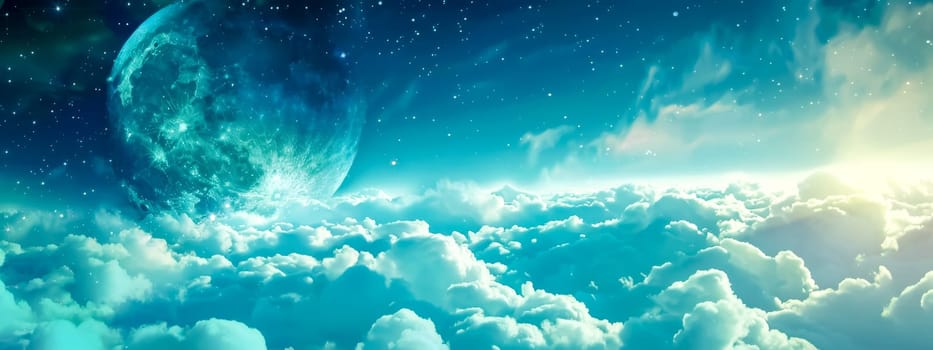 Surreal digital artwork of oversized panoramic moonrise over a majestic cloudscape in a serene and tranquil cosmic sky