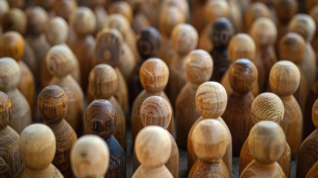 A group of wooden people standing in a row with their heads facing the same direction