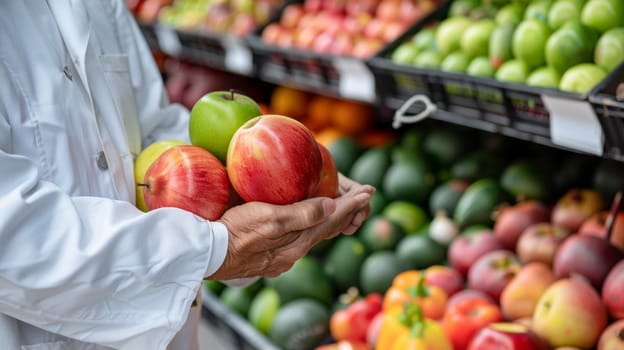 A person holding a basket of apples in front of produce