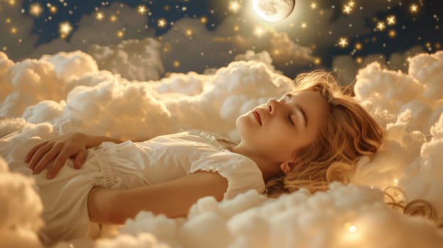 A little girl sleeping on clouds with a full moon in the sky