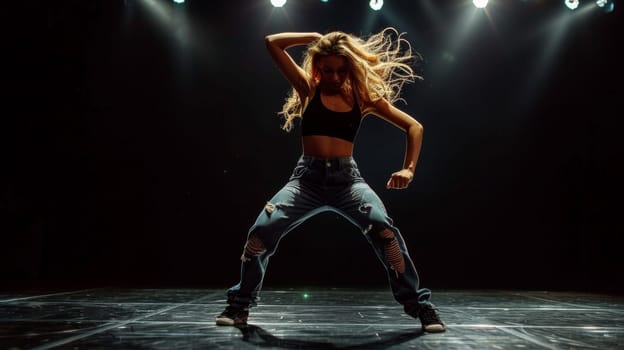 A woman dancing on stage in front of a spotlight