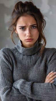 A woman in a gray sweater with her arms crossed