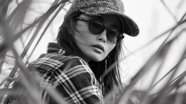 A woman wearing a hat and sunglasses standing in tall grass