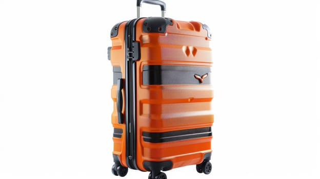A piece of a orange suitcase with wheels on white background
