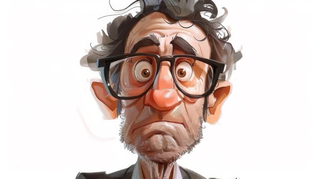 A cartoon of a man with glasses and curly hair