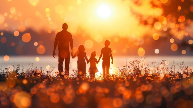 A family of three holding hands in front of a sunset