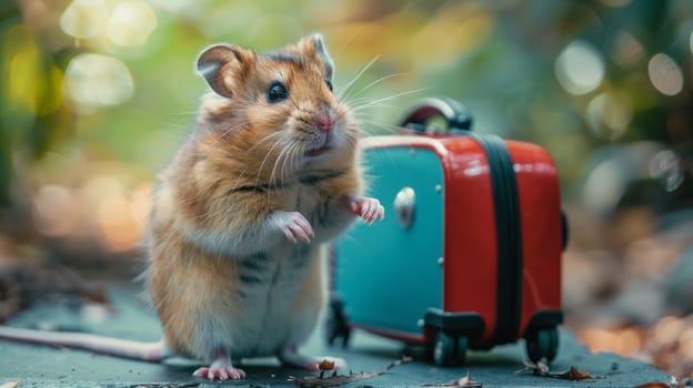 A small mouse standing next to a red suitcase on the ground